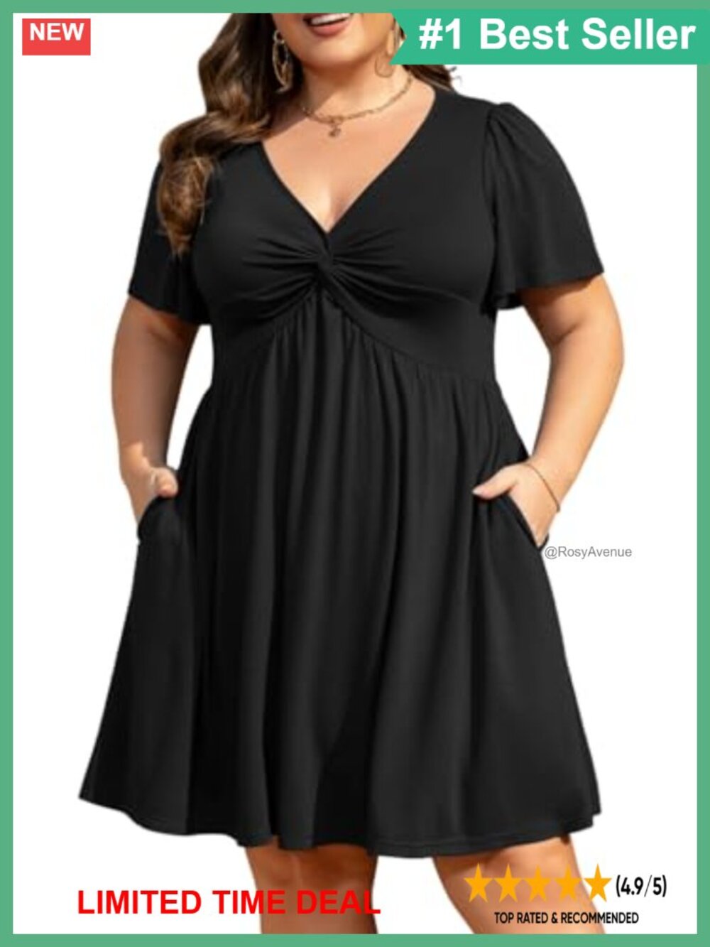 Plus Size V-Neck Twist Knot Front A-Line Midi Dress with Pockets